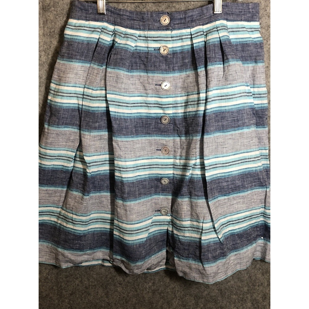 Brooks Brothers Skirt Womens 12 Blue Stripe 100% Linen Lined Coastal Classic